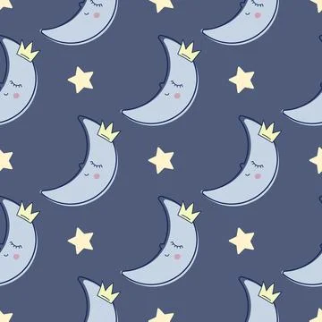 Children s cute pattern with a small sleeping crescent moon in the clouds. Ch Stock Illustration