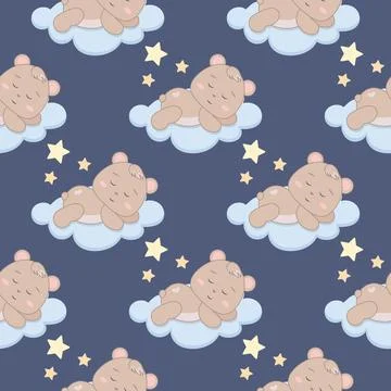 Children s cute pattern with a small sleeping bear cub on the clouds. Child.. Illustrazione stock