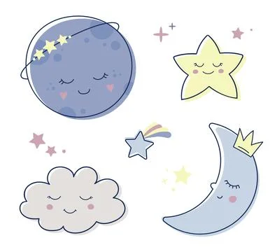 Children s cute set with the image of a small sleeping moon, a crescent moo.. Stock Illustration