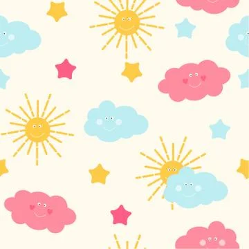Children s Seamless Pattern Background with Sun, Cloud and Stars Illustration Stock Illustration