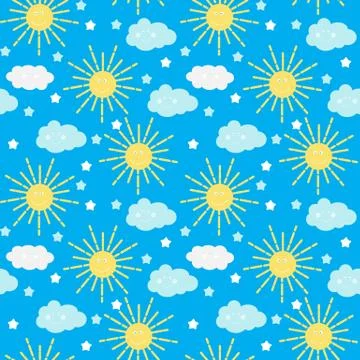 Children s Seamless Pattern Background with Sun, Cloud and Stars Illustration Illustrazione stock