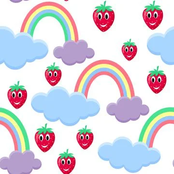 Children s seamless pattern with strawberries and rainbows, vector illustrati Illustrazione stock