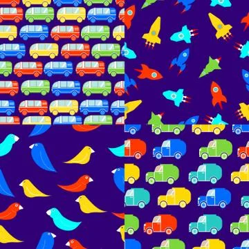Children s seamless patterns buses,van trucks, SUV, birds, rocket,toy cars. Stock Illustration