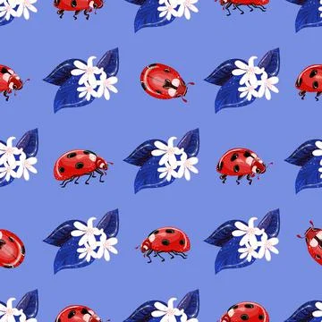 Children s texture. Seamless pattern with lemon flowers and leaves. Ladybugs  Stock Illustration