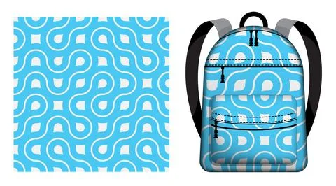 Children school backpack decorated abstract geometric blue seamless pattern.. 库存插图