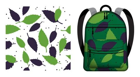 Children school backpack decorated basil grass leaves and seeds seamless pa.. Stock Illustration
