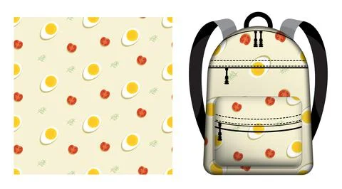 Children school backpack decorated seamless pattern with boiled egg, tomato.. 库存插图
