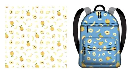 Children school backpack decorated seamless pattern with Quince fruit whole.. 스톡 일러스트