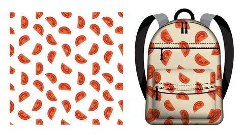 Children school backpack decorated seamless pattern with sliced tomato. Tom.. Illustrazione stock