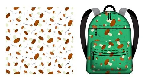 Children school backpack decorated seamless pattern with edible mushrooms a.. 库存插图