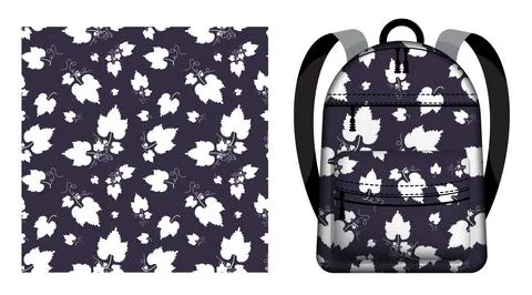Children school backpack decorated seamless pattern with white leaves and t.. 스톡 일러스트