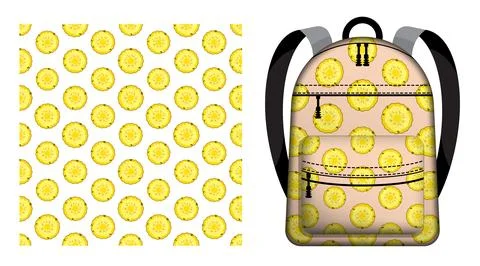 Children school backpack decorated seamless pattern with pineapple circle. .. Illustrazione stock