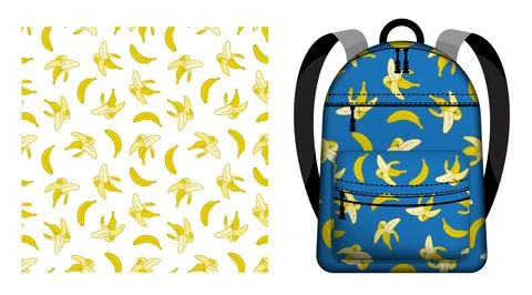 Children school backpack decorated seamless pattern with peeled sweet ripe .. Stock Illustration