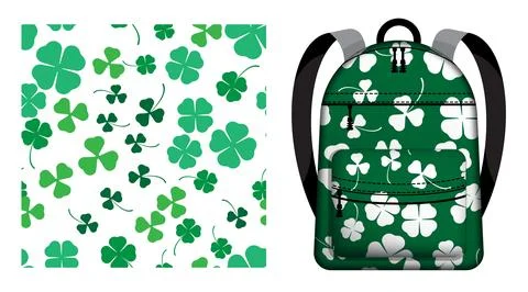 Children school backpack decorated three and four leaf clover seamless patt.. Stock Illustration