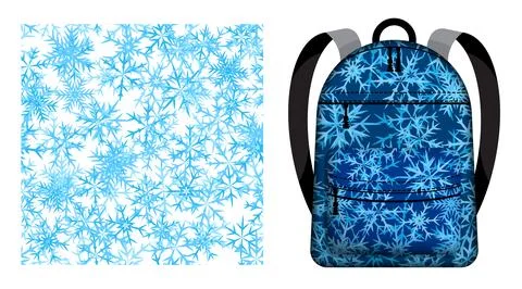 Children school backpack decorated winter snowflakes. Six pointed fluffy sn.. Illustrazione stock