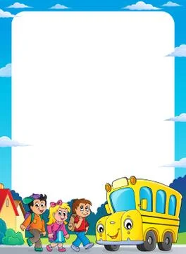 Children by school bus theme frame Stock Illustration