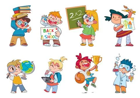 Children at school classes. Back to School. Math, geography, chemistry, drawi Stock Illustration
