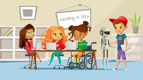 Children in school classroom vector illustration of boys and girls studying at Stock Illustration