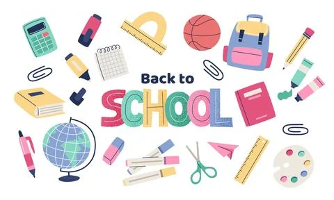 Children school elements with lettering. Set of school supplies and hand drawn Illustrazione stock