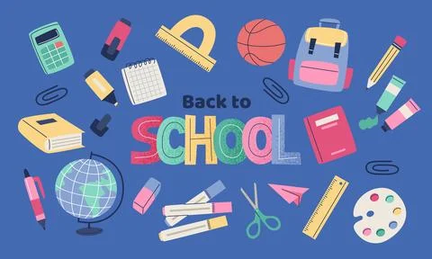 Children school elements with lettering. Set of school supplies and hand drawn Stock Illustration