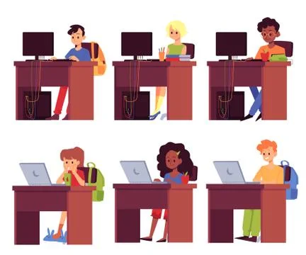 Children at school learning on laptops and computers - isolated set Stock Illustration