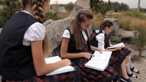 Children in school uniform after class sit in the park and read books Stock-Footage 95765825