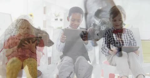 Children in school using tablets, engaging with digital learning content イラスト素材
