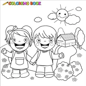 Children at school. Vector black and white coloring page. Stock Illustration