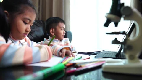 Children with school work from home. Working from home during the Corona Virus p Stock Footage 221180309