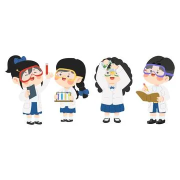 Children in Science Lab Coats Doing Experiments Stock Illustration
