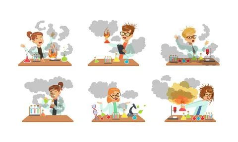 Children Scientist at Table with Exploded Flask with Chemicals After Failed Stock Illustration