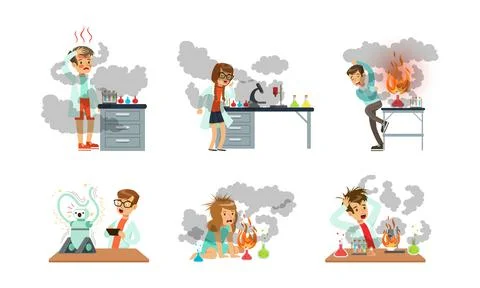 Children Scientist at Table with Exploded Flask with Chemicals After Failed Stockillustratie