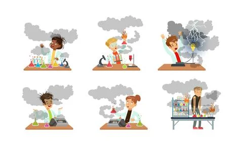 Children Scientist at Table with Exploded Flask with Chemicals After Failed Stock Illustration