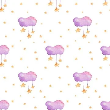 Children seamless pattern with pink clouds and stars in sky on white backgrou Illustrazione stock