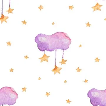Children seamless pattern with pink clouds and stars in sky on white backgrou Illustrazione stock