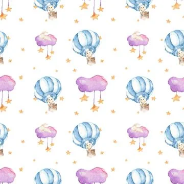 Children seamless pattern with pink clouds and stars in sky on white backgrou Stockillustratie