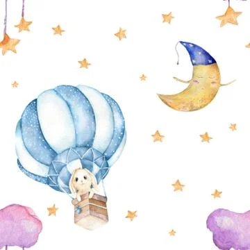 Children seamless pattern with pink clouds and stars in sky on white background Stock Illustration