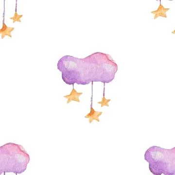 Children seamless pattern with pink clouds and stars in sky on white background Stockillustratie