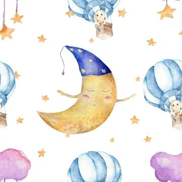 Children seamless pattern with pink clouds and stars in sky on white background Stockillustratie