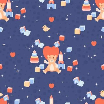 Children seamless pattern. Plush toy teddy bear, duck, cubes and pyramid on.. Stock Illustration