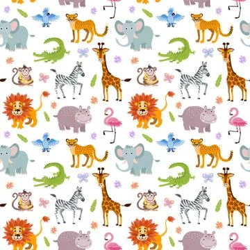 Children seamless vector wallpaper with cute and funny baby savanna animals 스톡 일러스트