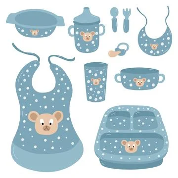 Children set of dishes. Vector set of blue polka dot color kids tools. Baby s Illustrazione stock