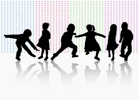 Children silhouettes dancing together Stock Illustration