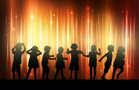 Children silhouettes dancing together Stock Illustration