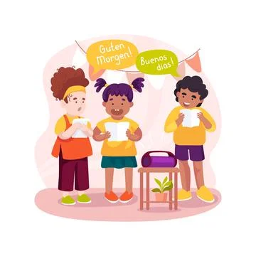 Children sing in foreign language isolated cartoon vector illustration. 스톡 일러스트