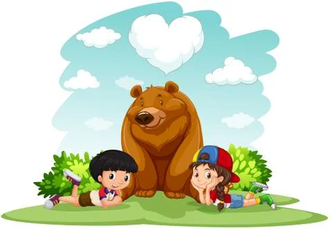 Children sitting with bear 스톡 일러스트
