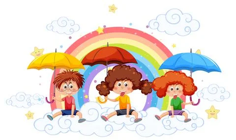 Children sitting on cloud with rainbow Stock Illustration