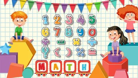 Children Sitting on Math Shapes: Teaching Number and Math Symbol Stock Illustration