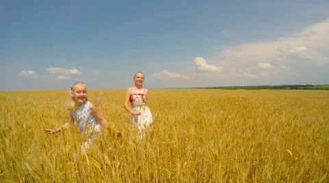 Children skipping through the field of wheat and rejoice. Video stock 51464409