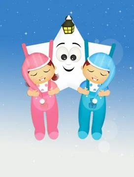 Children sleeping hanging on the moon Stock Illustration